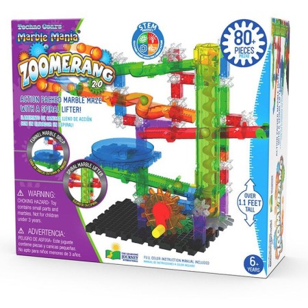Joc STEM de constructie Labirint cu lift spiralat pentru bile cu peste 80 de piese si peste 33 cm inaltime